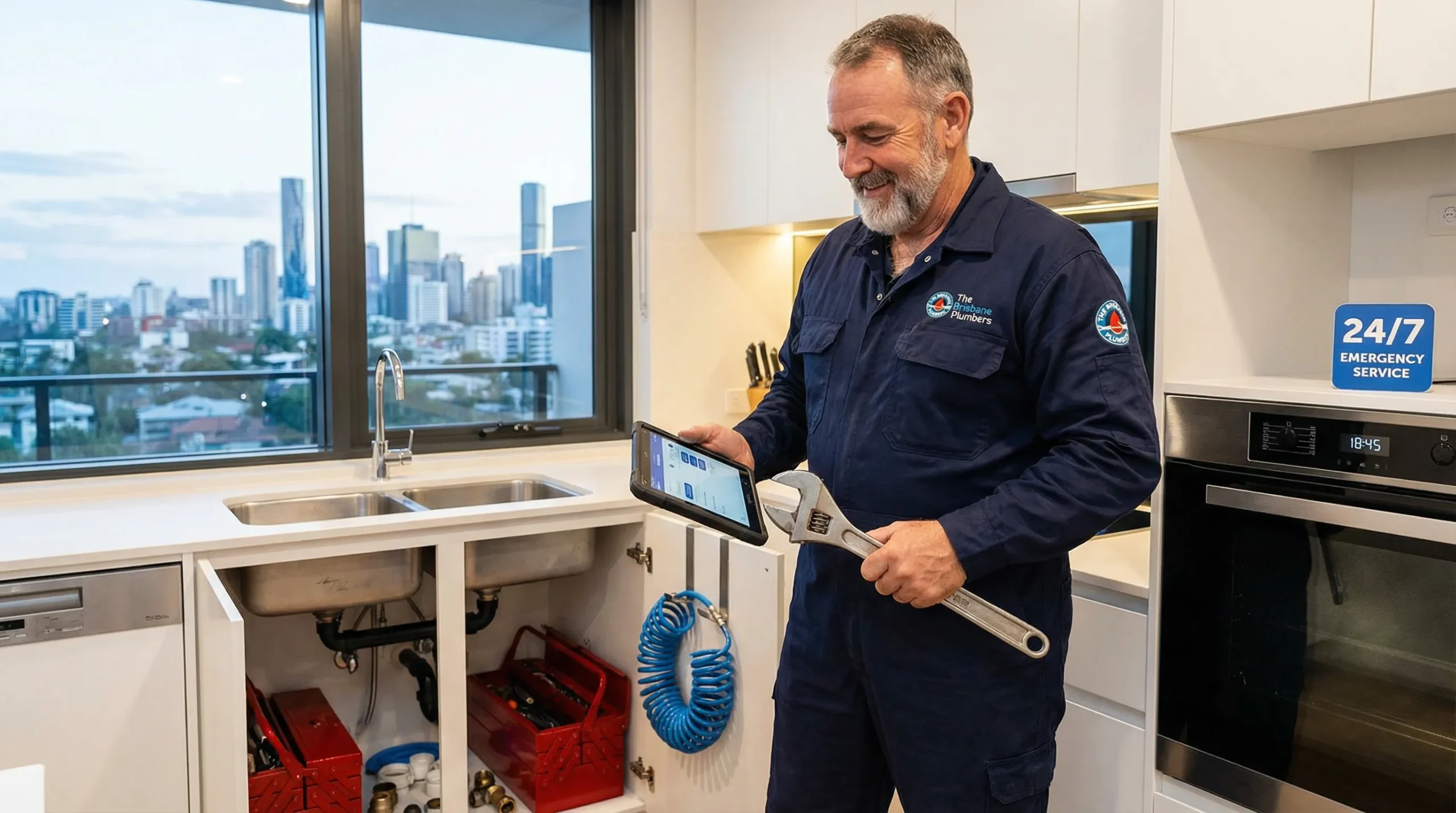 emergency plumber assessing pipes in a modern brisbane home kitchen
